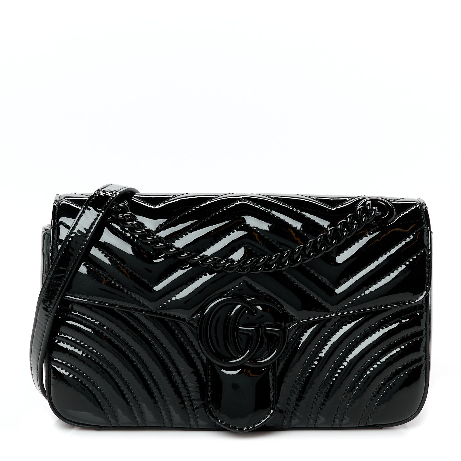 Gucci Patent Calfskin Matelasse Monochrome Small GG Marmont Shoulder Bag Black 1 of 10