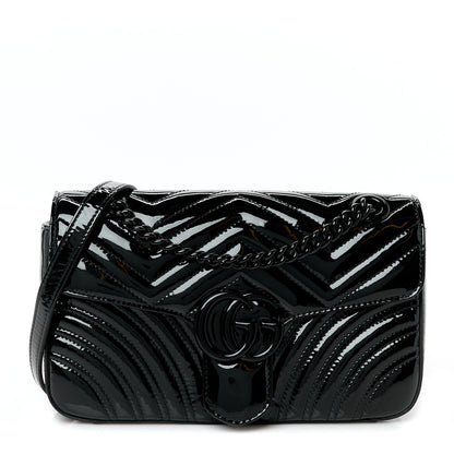 Gucci Patent Calfskin Matelasse Monochrome Small GG Marmont Shoulder Bag Black 1 of 10
