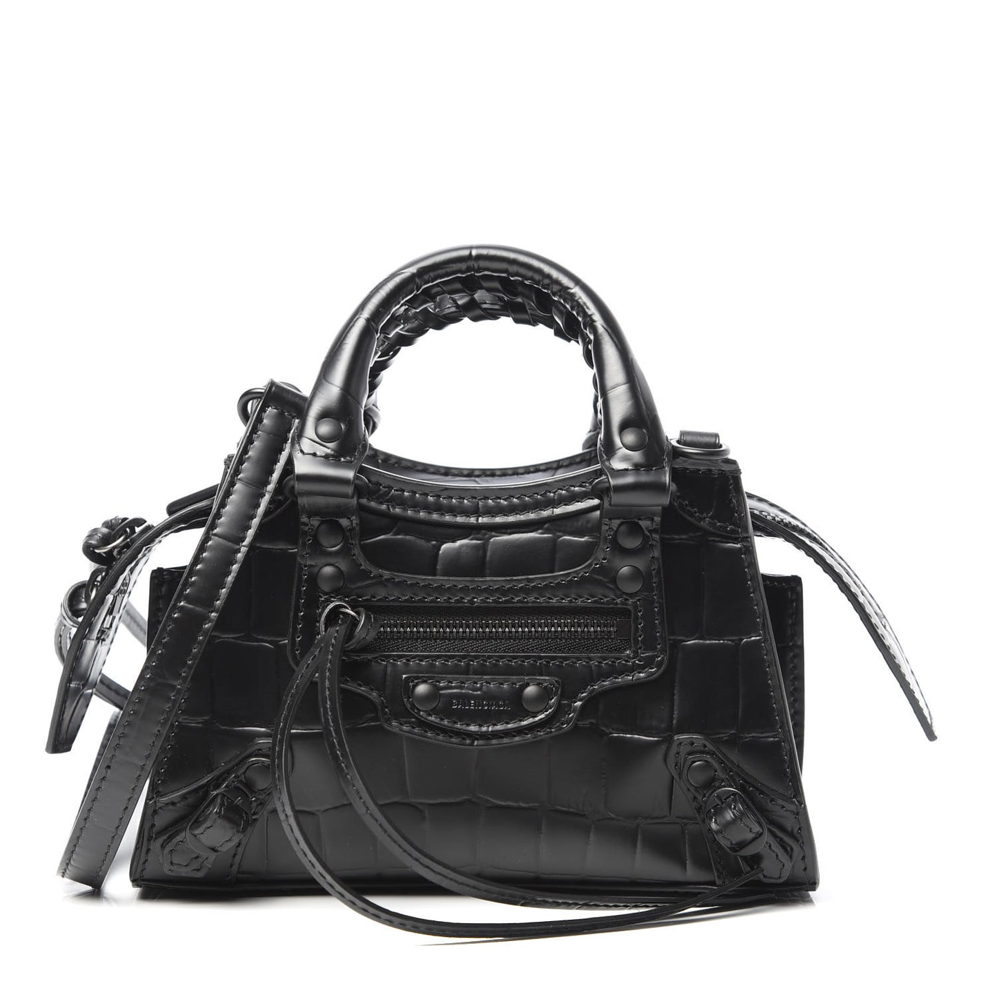 Semi Shiny Calfskin Crocodile Embossed Neo Classic Black Hardware Nano City Crossbody Black