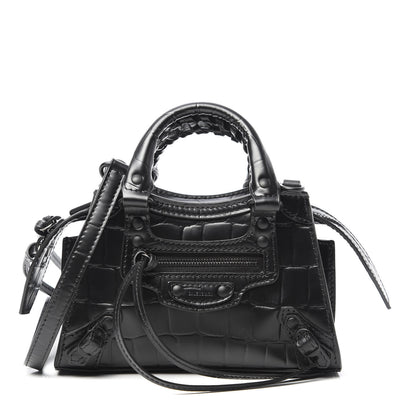 Balenciaga Semi Shiny Calfskin Crocodile Embossed Neo Classic Black Hardware Nano City Crossbody Black 1 of 10