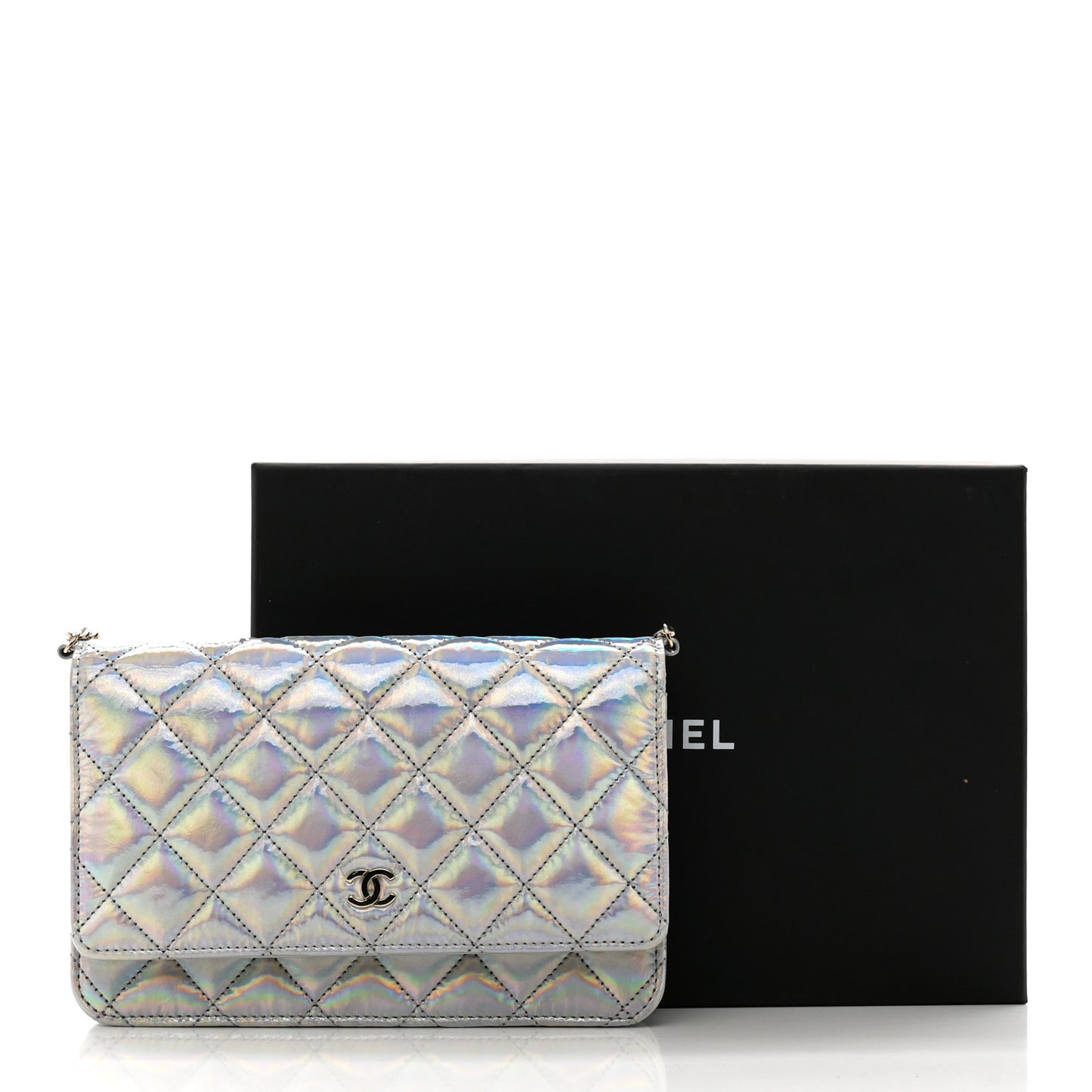 Iridescent Goatskin Quilted Wallet On Chain WOC Silver