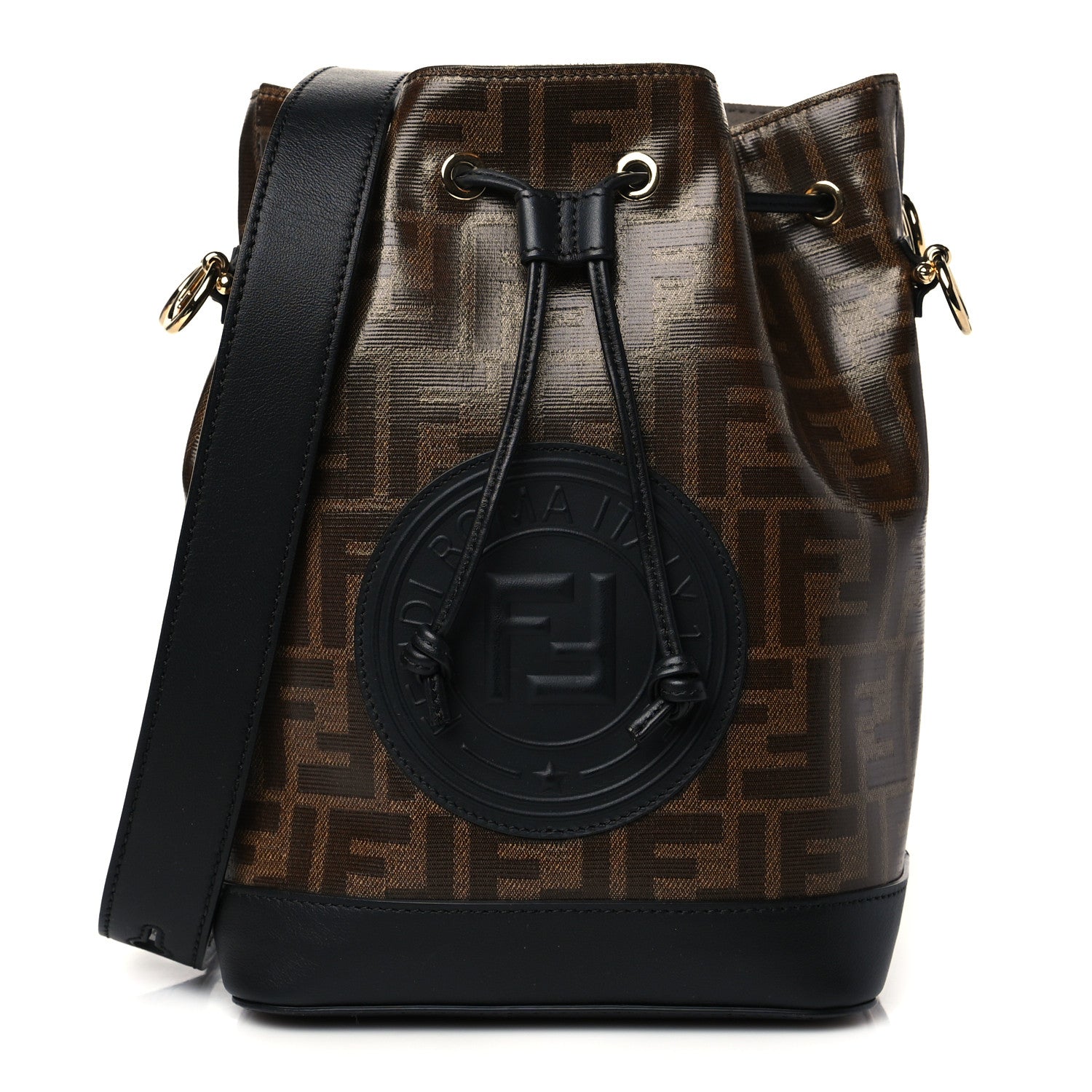 Fendi Glazed Fabric Vitello Grace F is Fendi FF 1974 Stamp Patch Grande Mon Tresor Bucket Bag Mogano Panna Black 1 of 11