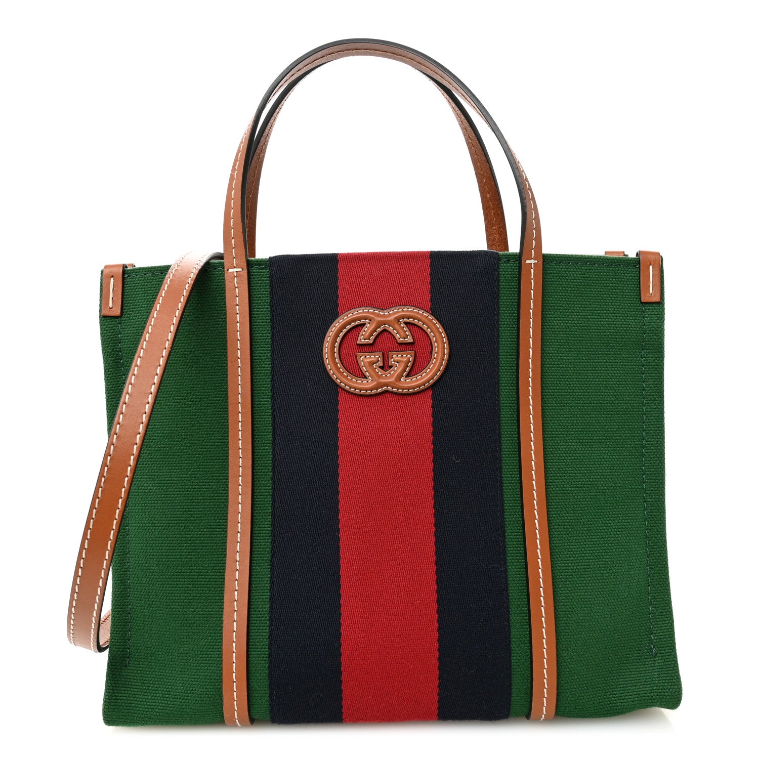 Gucci Canvas Calfskin Web Small Interlocking G Tote Bag Green Red 1 of 10