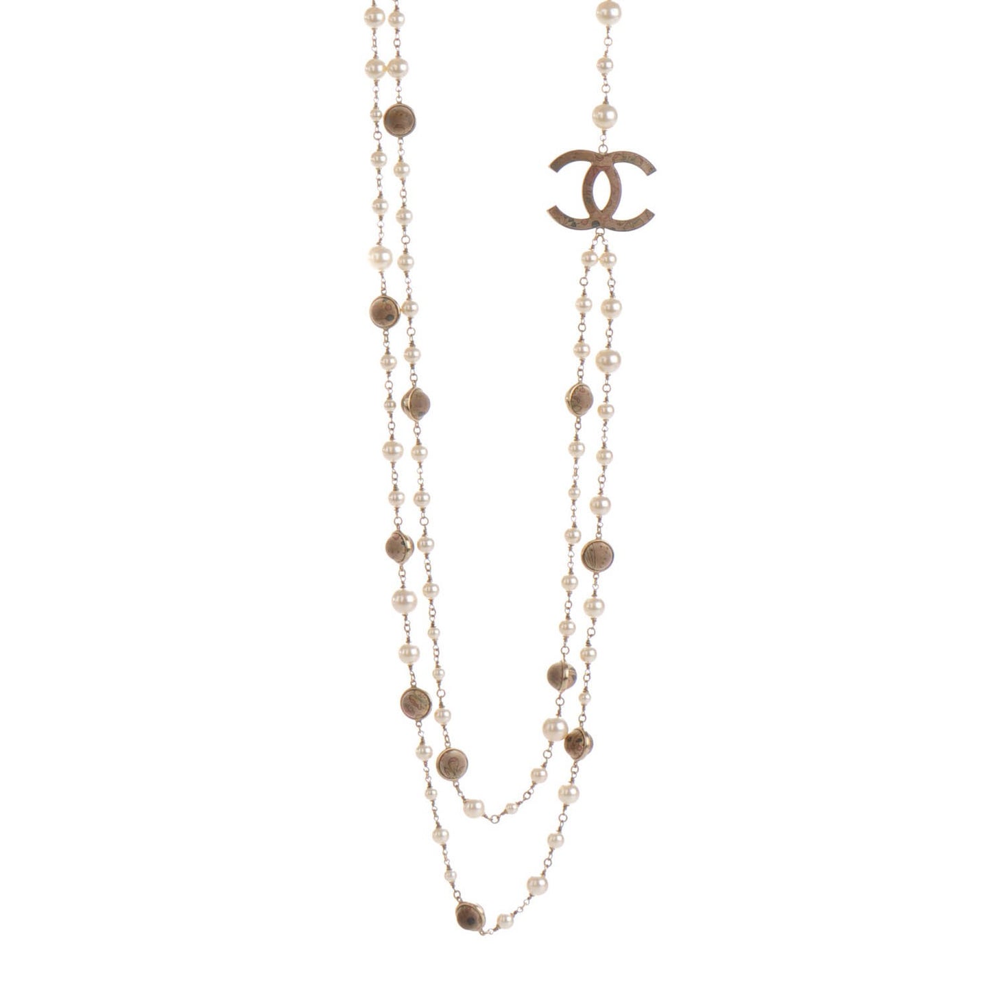 Pearl Enamel Silk CC Long Necklace Pink Gold
