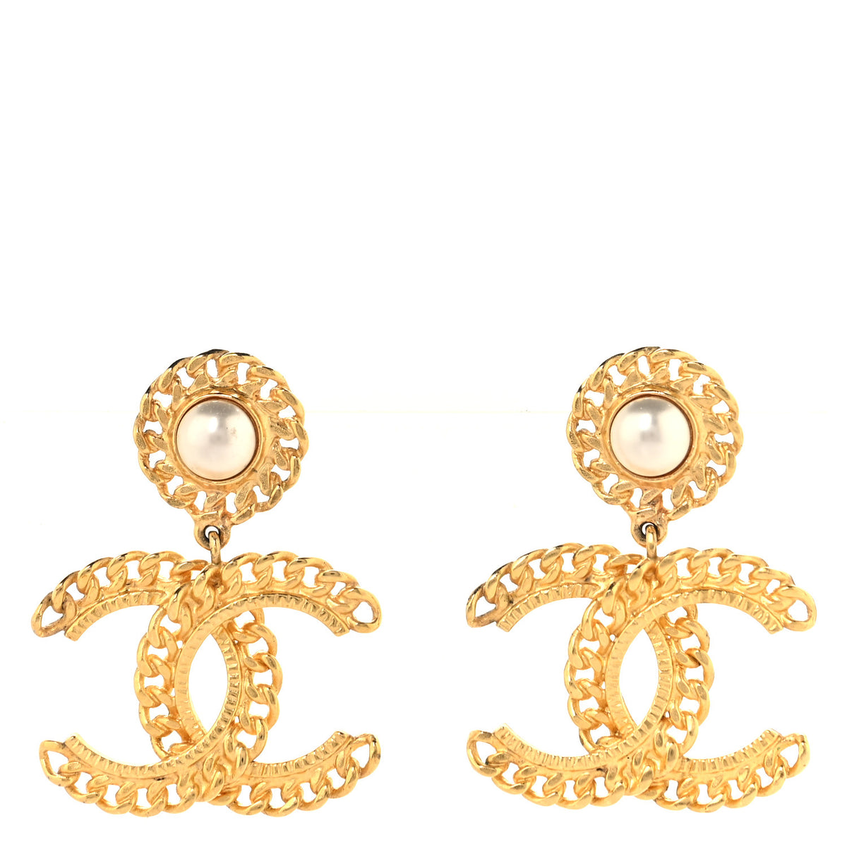Metal Pearl CC Chain Drop Earrings Gold