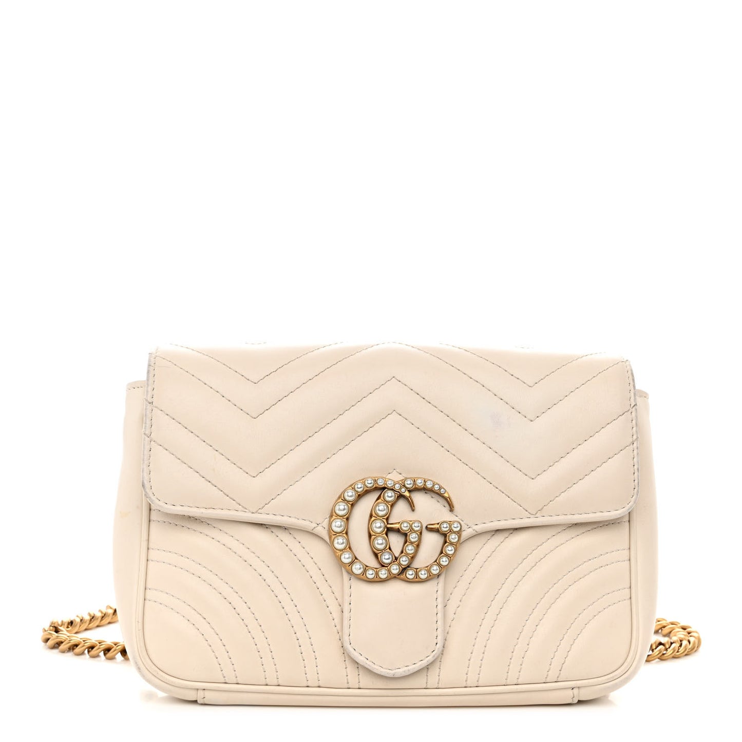Calfskin Matelasse Pearly GG Marmont Chain Belt Bag Mystic White