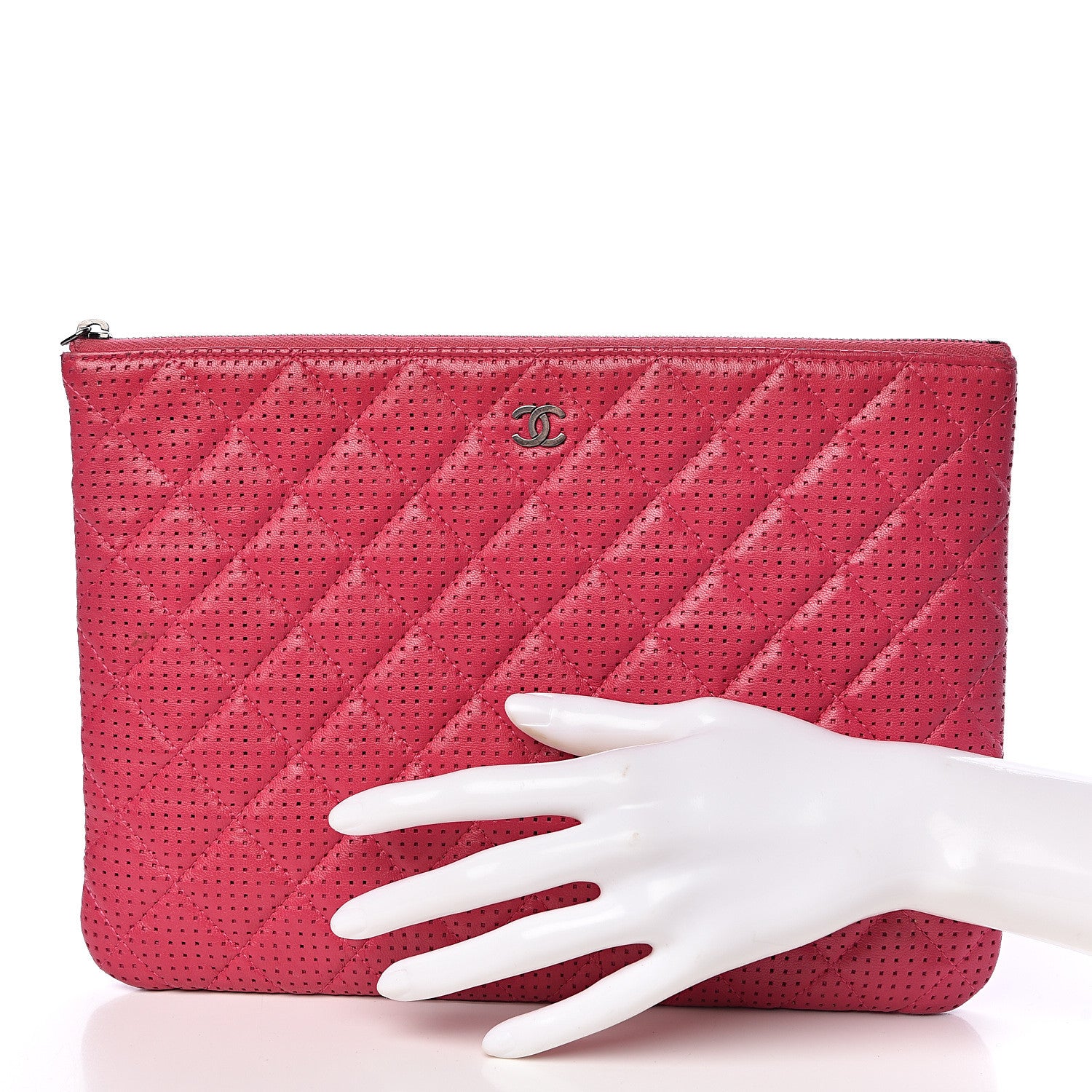 Chanel Perforated Lambskin Quilted Medium Zip Pouch Pink 2 of 14