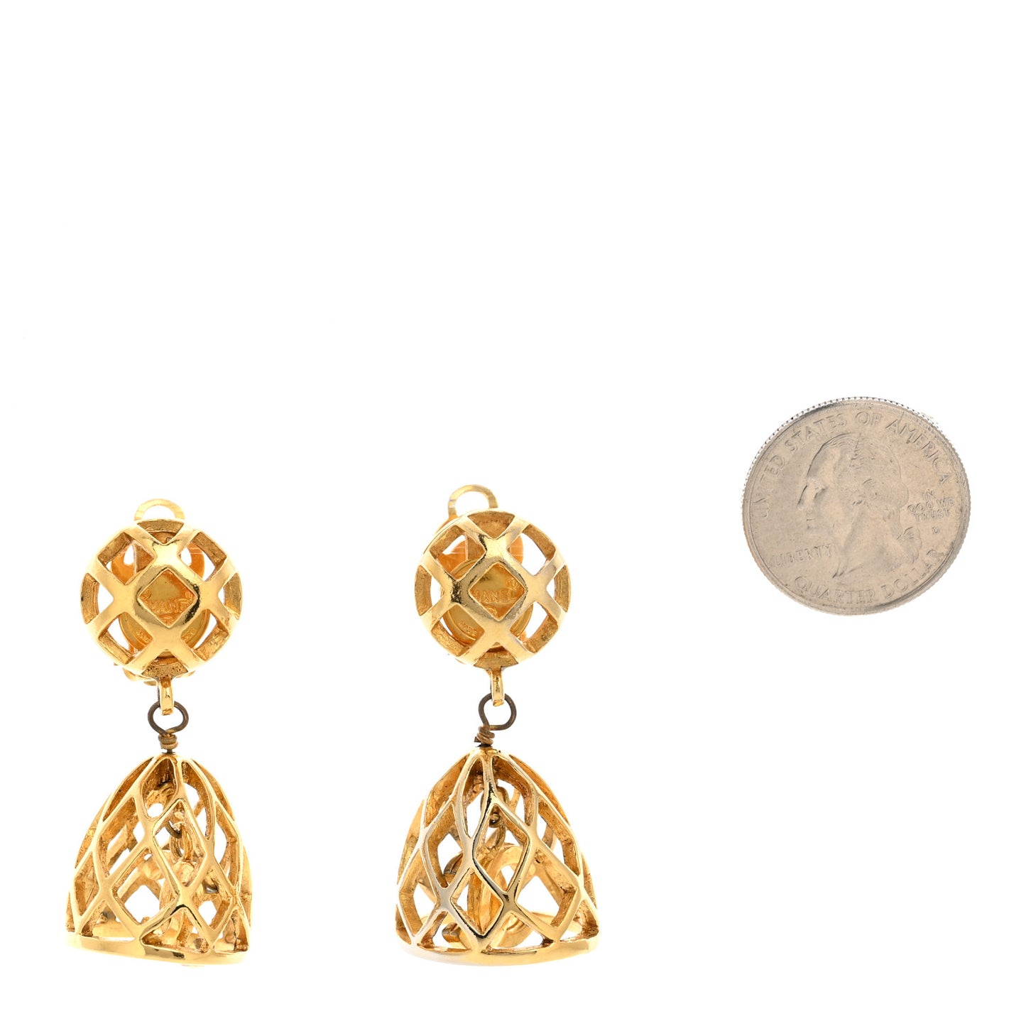 Metal CC Bird Cage Drop Clip On Earrings Gold