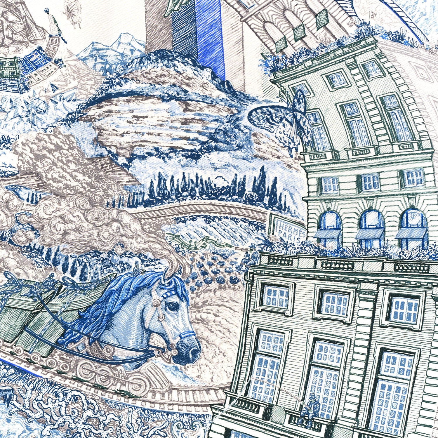 Hermes Silk Les Folies Du Ciel Scarf 90 Bleu Electrique Ardoise White 2 of 3