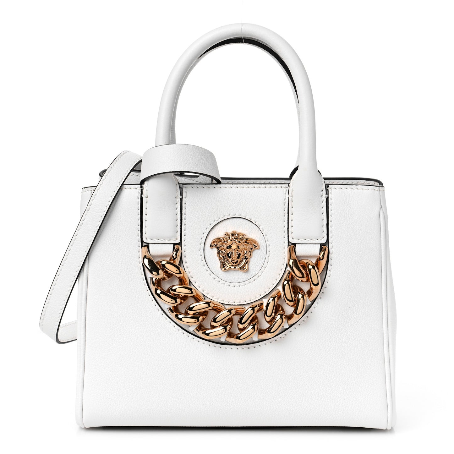 Grained Calfskin Small La Medusa Chain Tote White