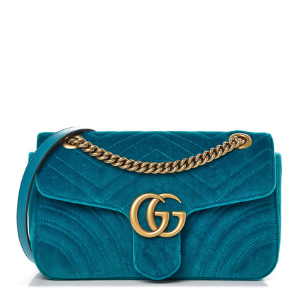 Gucci Velvet Matelasse Small GG Marmont Shoulder Bag Pavone Cyan 1 of 9
