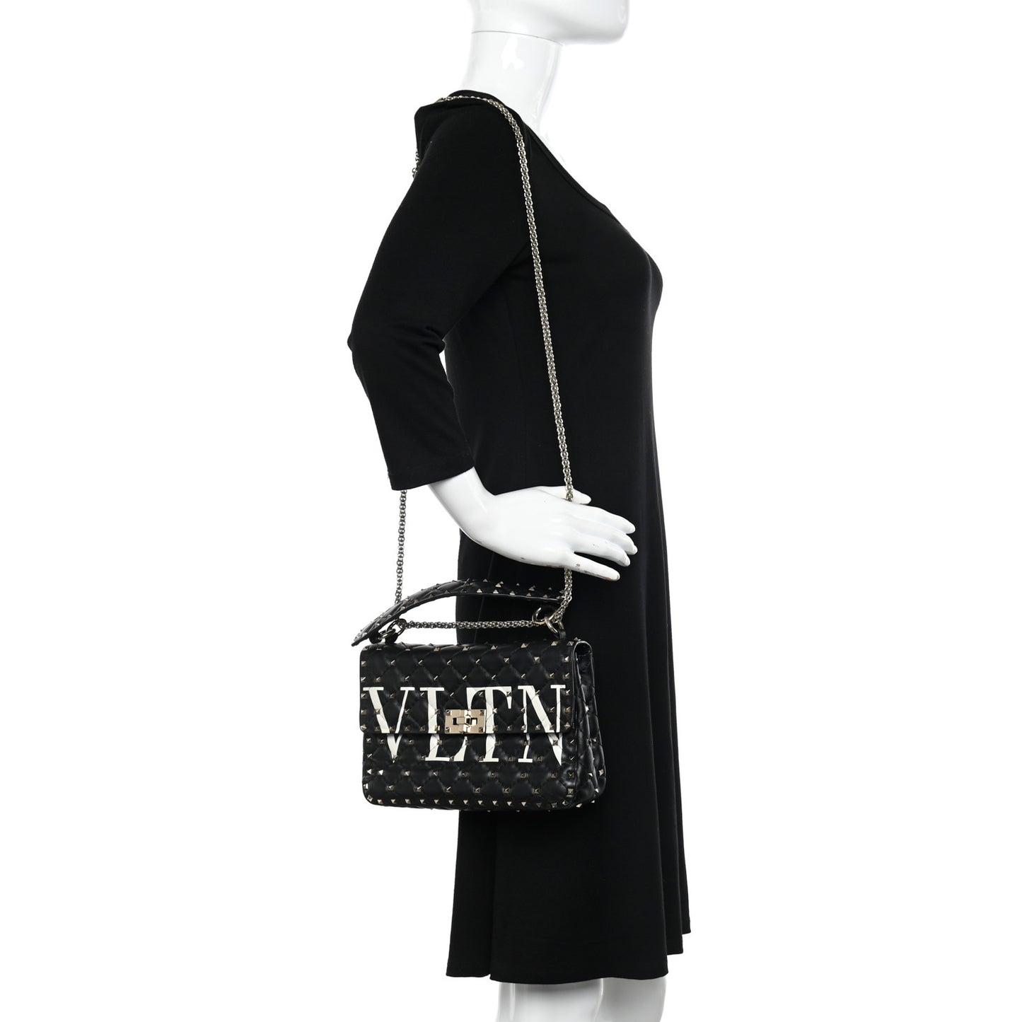 Lambskin VLTN Print Medium Rockstud Spike Shoulder Bag Black