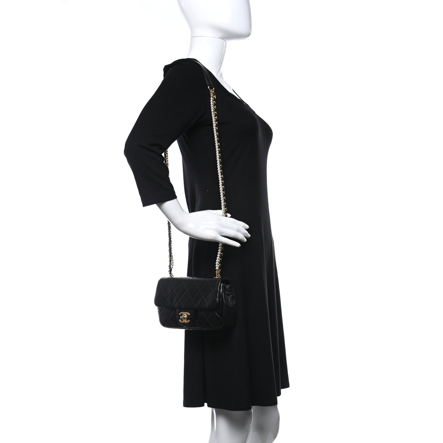 Calfskin Quilted Small Crystal Pearls Flap Bag Black