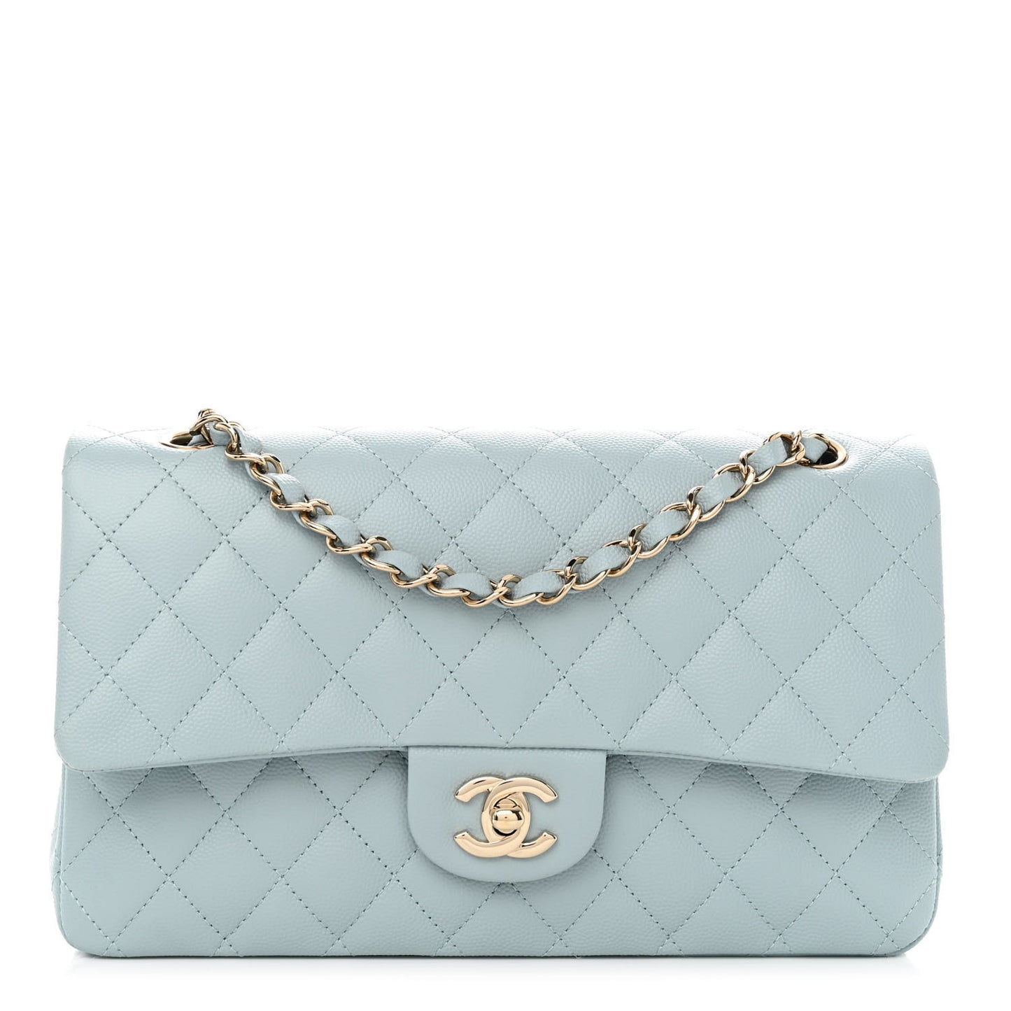 Caviar Quilted Medium Double Flap Light Blue