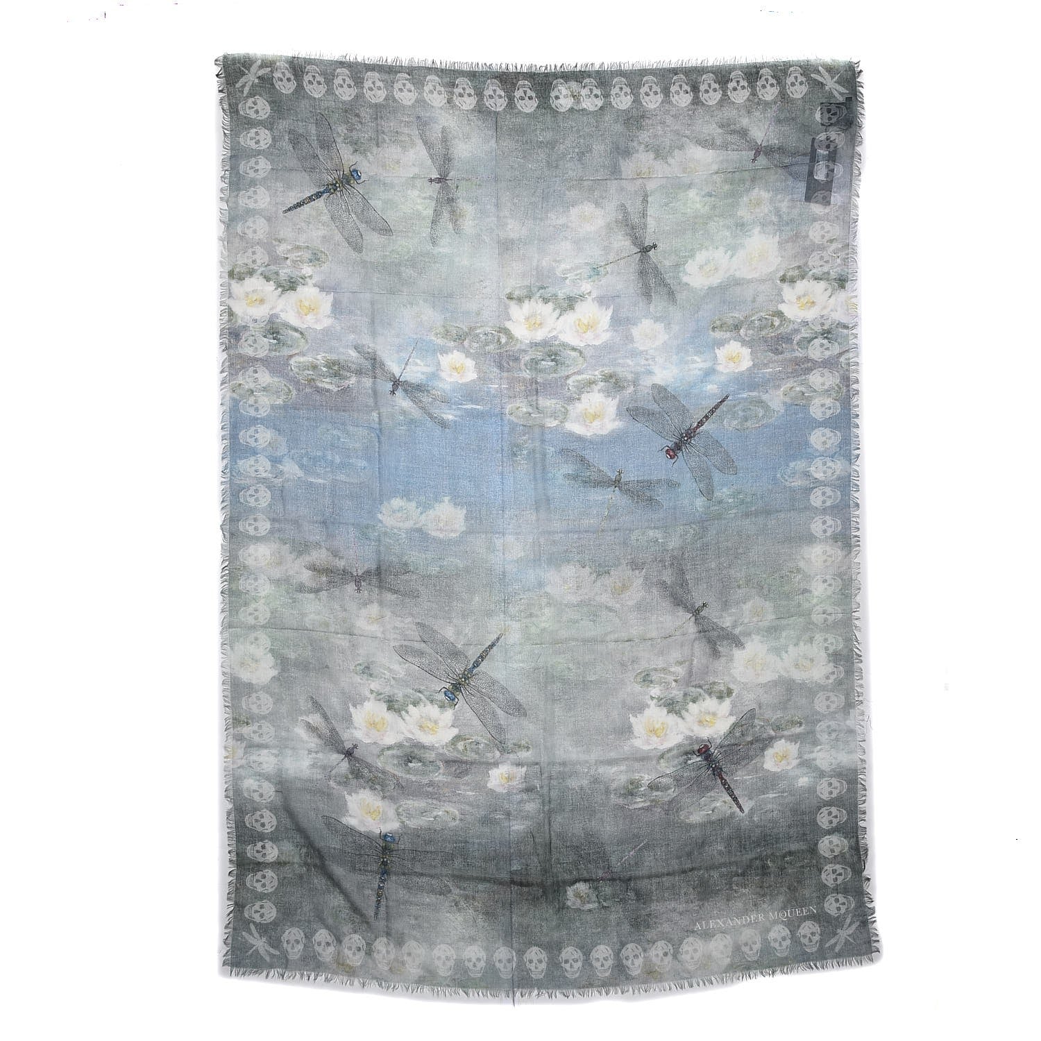 Alexander McQueen Wool Cashmere Skull Waterlily Scarf Green 3 of 6