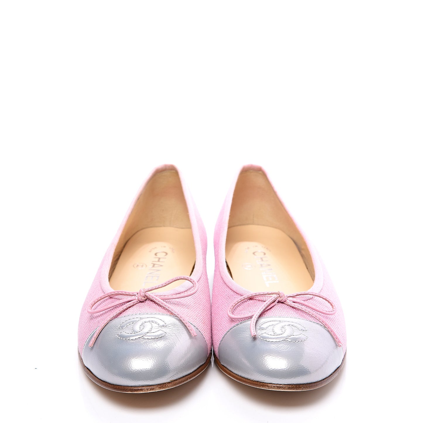 Iridescent Fabric Lambskin Cap Toe Ballerina Flats 37.5 Pink Light Grey
