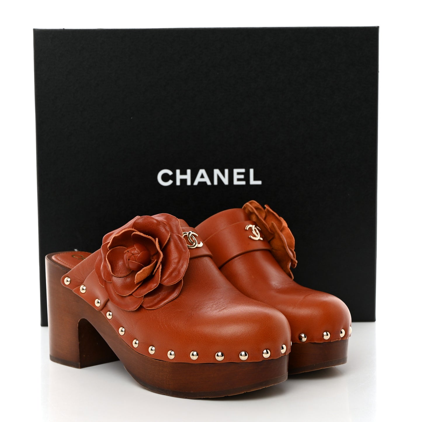 Calfskin Camellia Clogs 37 Brown