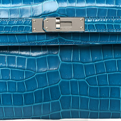 Hermes Shiny Porosus Crocodile Kelly Cut Pochette Bleu Izmir 8 of 11