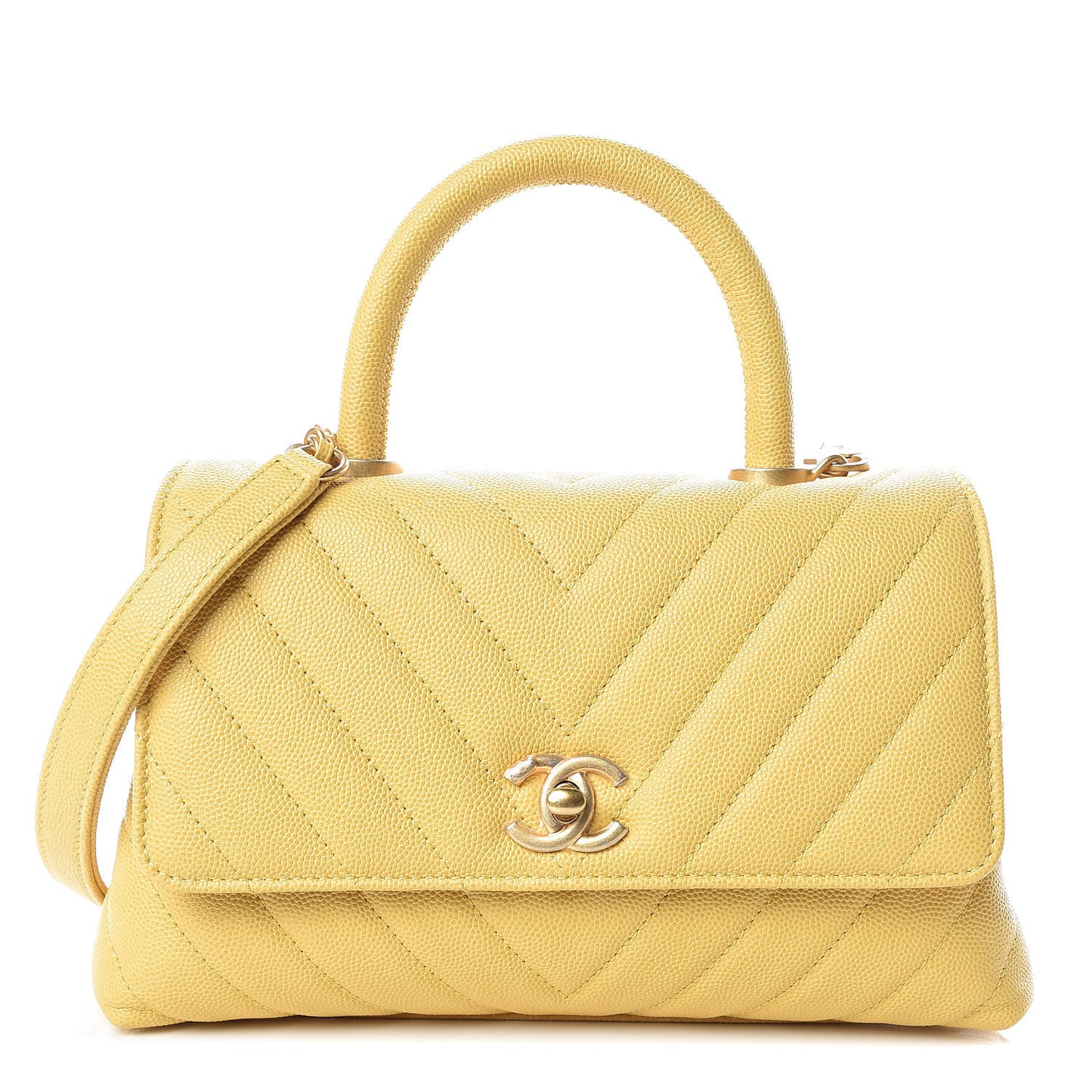 Caviar Chevron Quilted Mini Coco Handle Flap Yellow