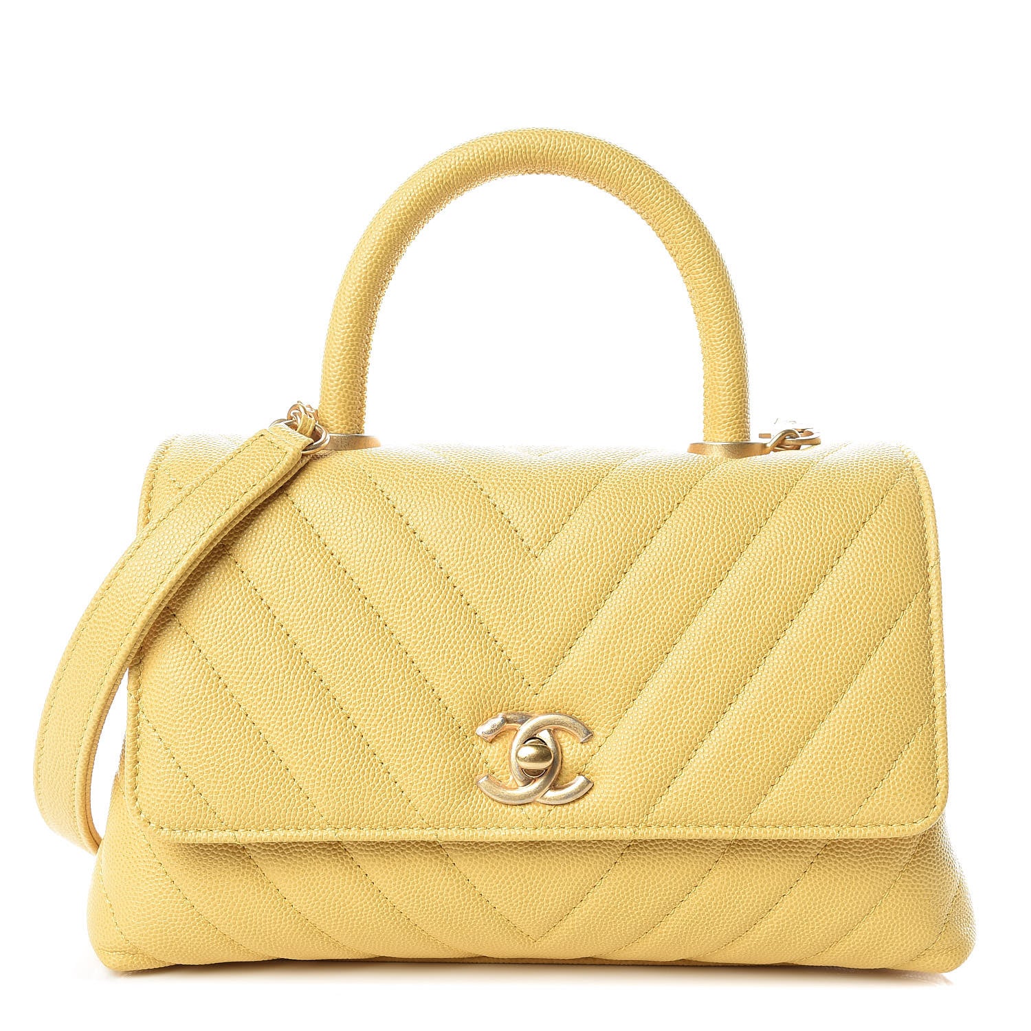 Chanel Caviar Chevron Quilted Mini Coco Handle Flap Yellow 1 of 9