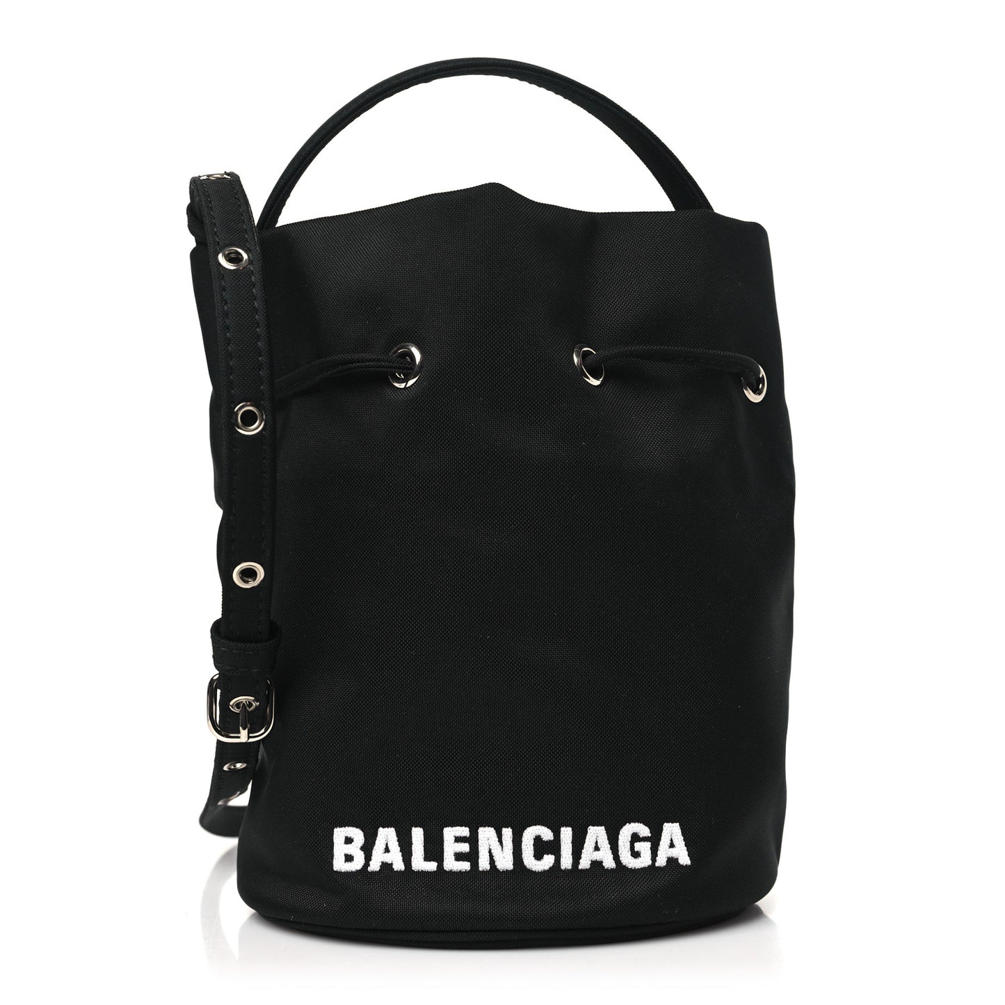 Recycled Sport Nylon Logo Embroidered Wheel Drawstring Bucket Bag Black White