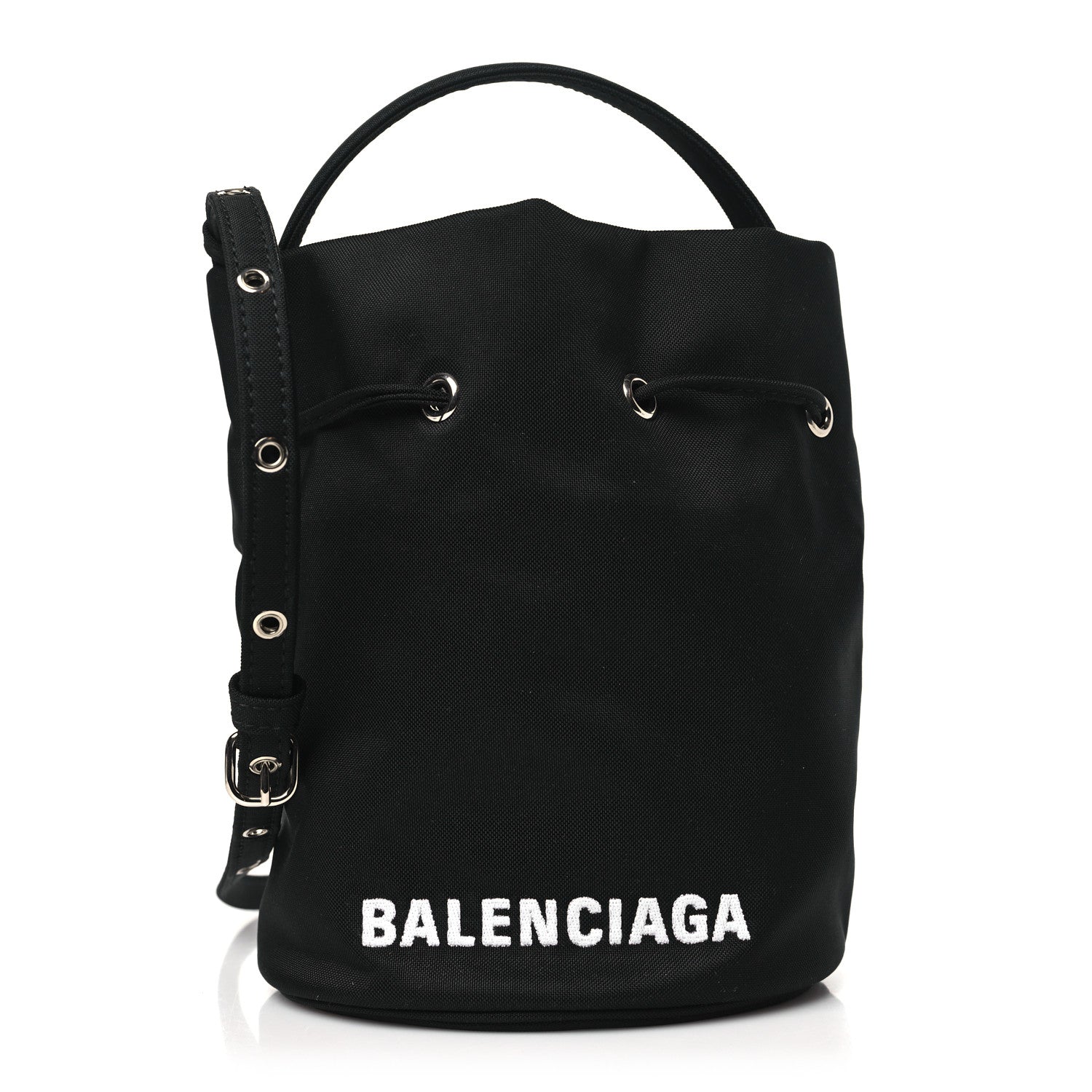 Balenciaga Recycled Sport Nylon Logo Embroidered Wheel Drawstring Bucket Bag Black White 1 of 10