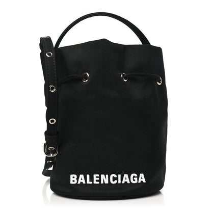 Balenciaga Recycled Sport Nylon Logo Embroidered Wheel Drawstring Bucket Bag Black White 1 of 10