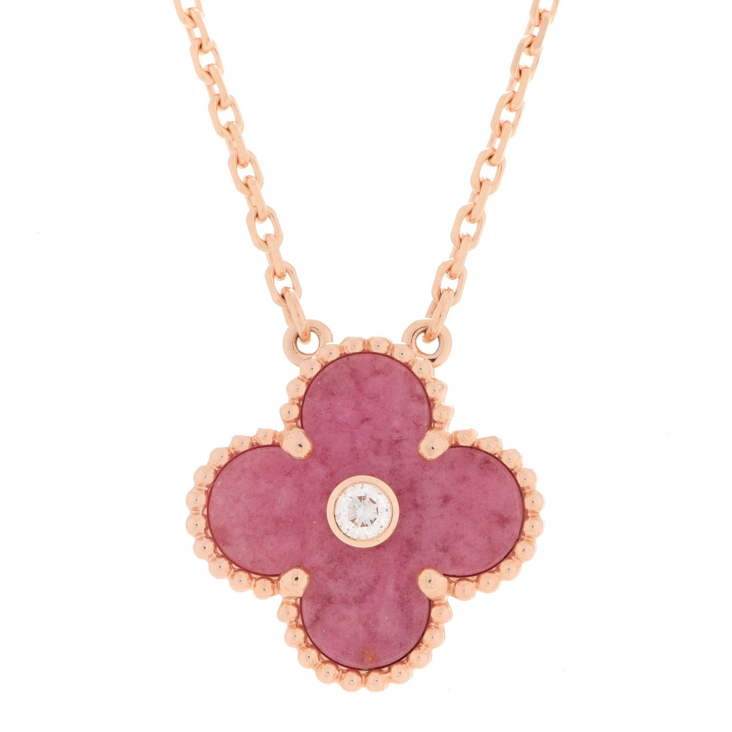 18K Rose Gold Diamond Rhodonite Vintage Alhambra Pendant Necklace