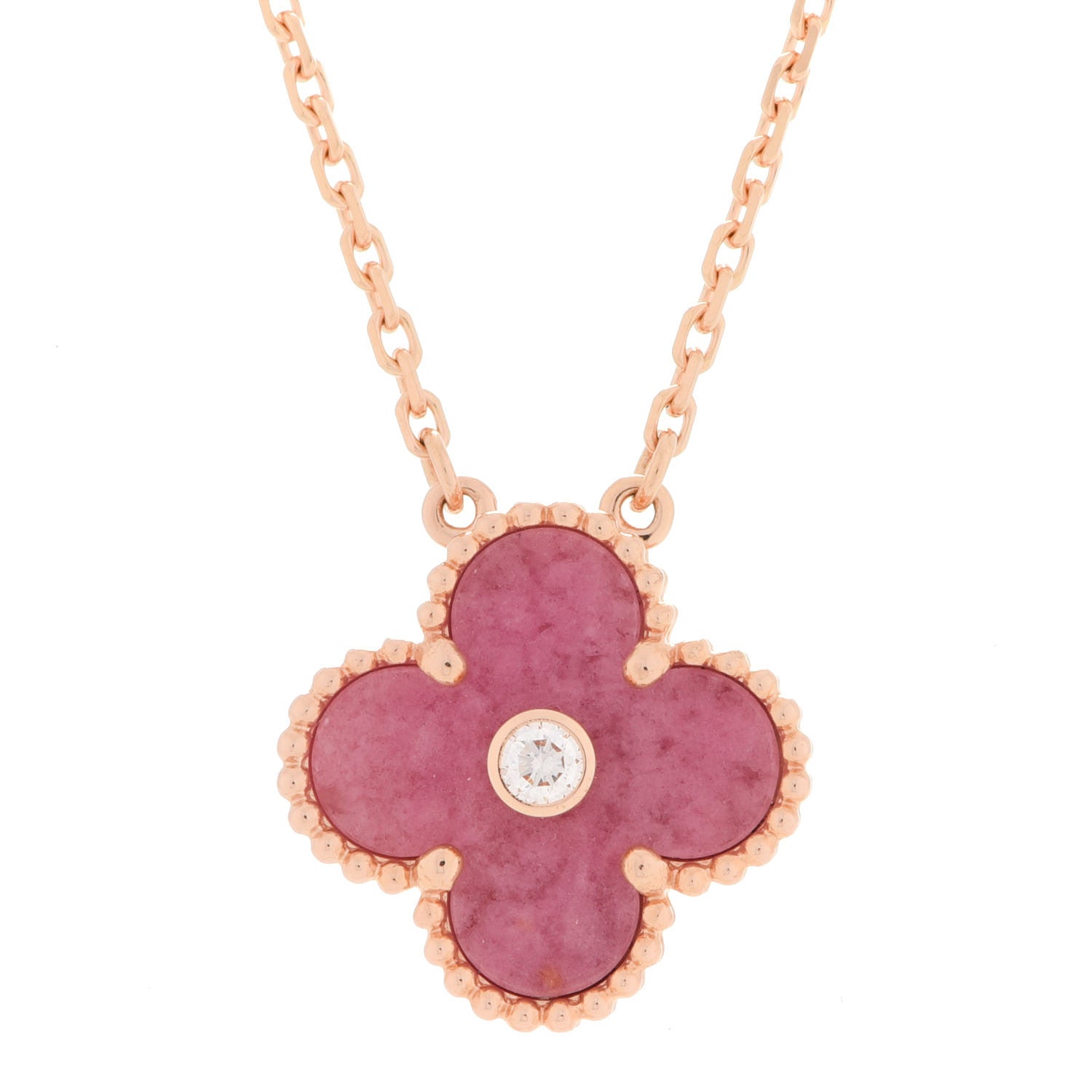 Van Cleef & Arpels 18K Rose Gold Diamond Rhodonite Vintage Alhambra Pendant Necklace 4 of 6