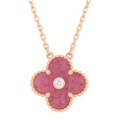 Van Cleef & Arpels 18K Rose Gold Diamond Rhodonite Vintage Alhambra Pendant Necklace 4 of 6