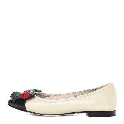 Gucci Calfskin Web Bow Womens Ballet Flats 37.5 Black Vintage White 1 of 11