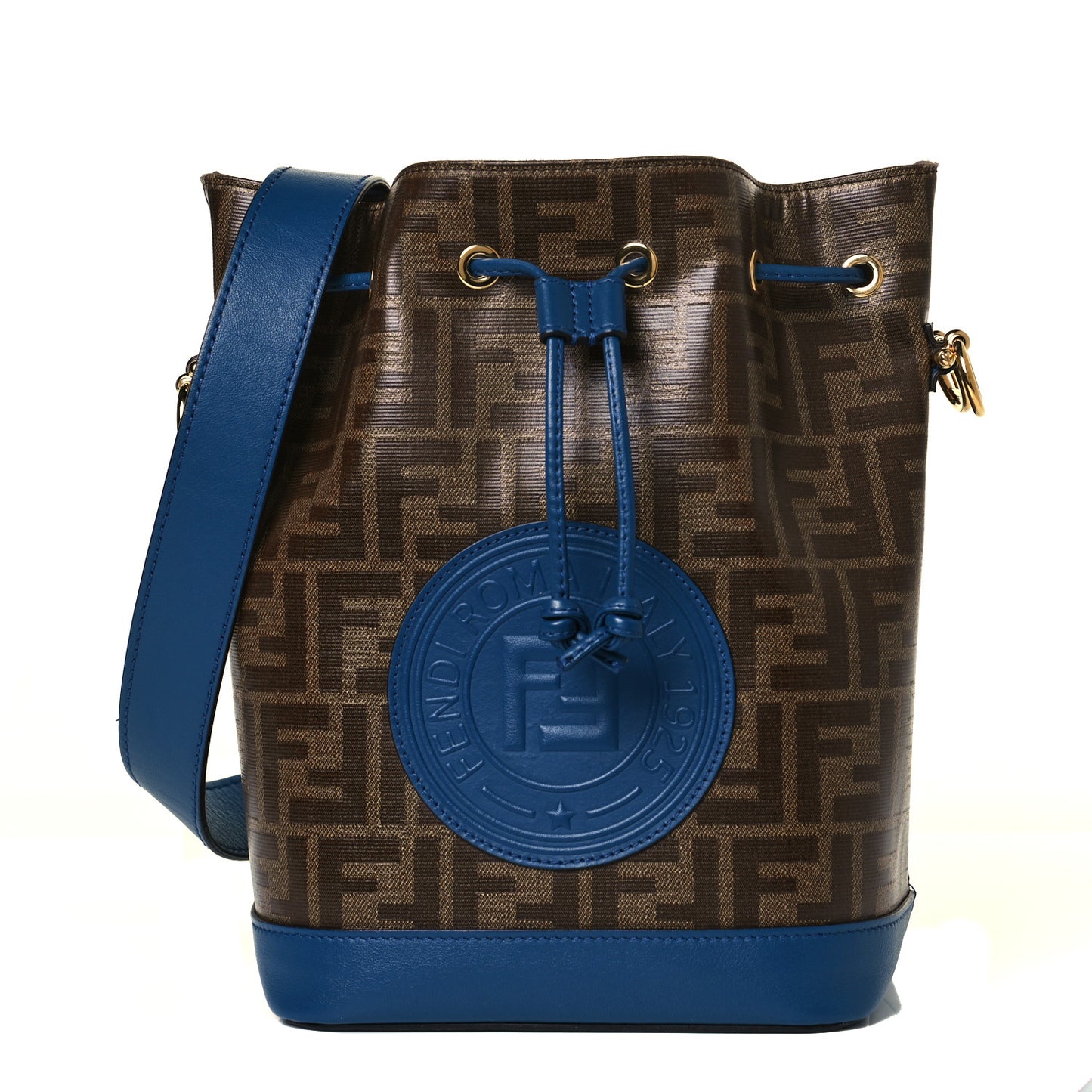 Glazed Fabric Vitello Grace F is Fendi FF 1974 Stamp Patch Grande Mon Tresor Bucket Bag Mogano Panna Iris