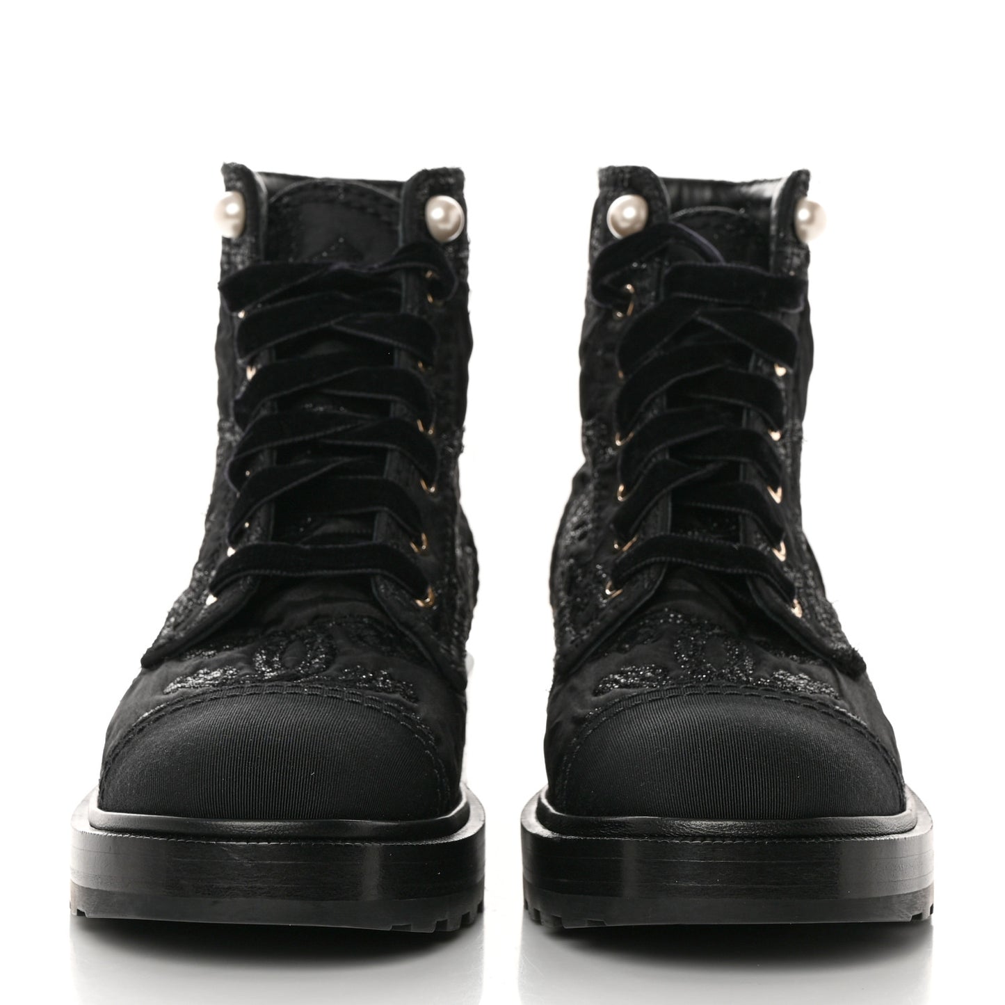 Tweed Grosgrain CC Combat Short Boots 38.5 Black