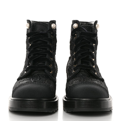 Chanel Tweed Grosgrain CC Combat Short Boots 38.5 Black 2 of 9