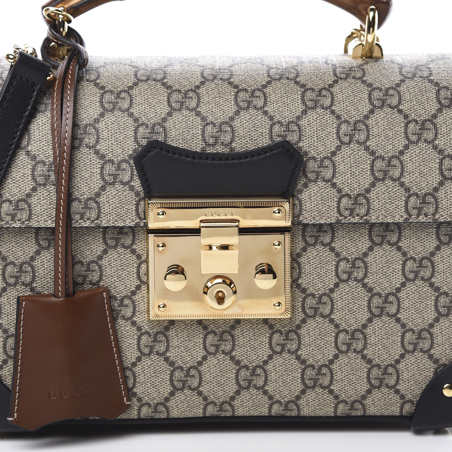 Gucci GG Supreme Monogram Small Padlock Bamboo Shoulder Bag Beige Black Cuir 8 of 11