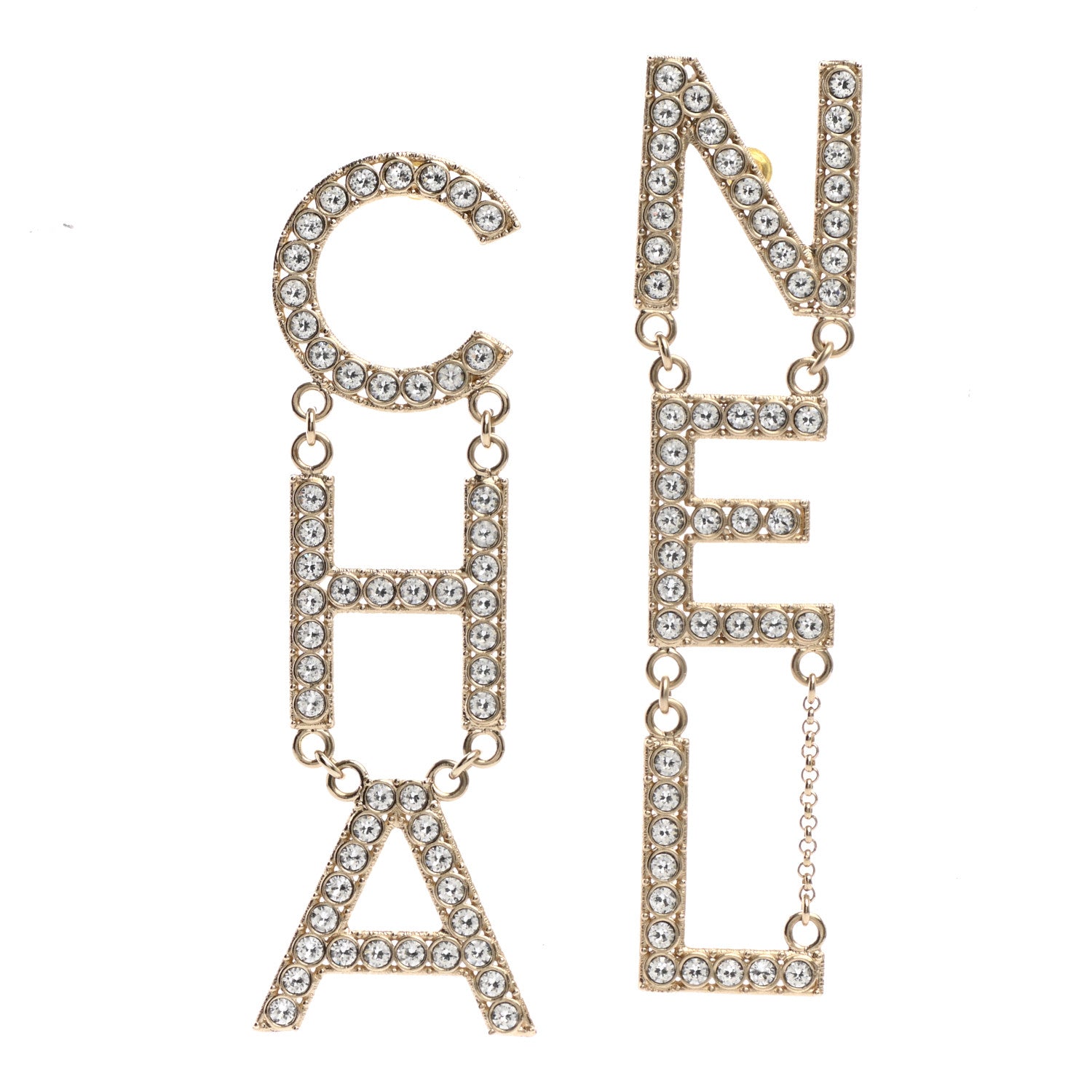 Chanel Crystal Cha-Nel Logo Drop Earrings Gold 1 of 5