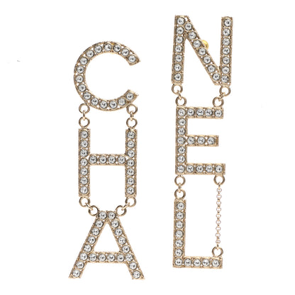 Chanel Crystal Cha-Nel Logo Drop Earrings Gold 1 of 5