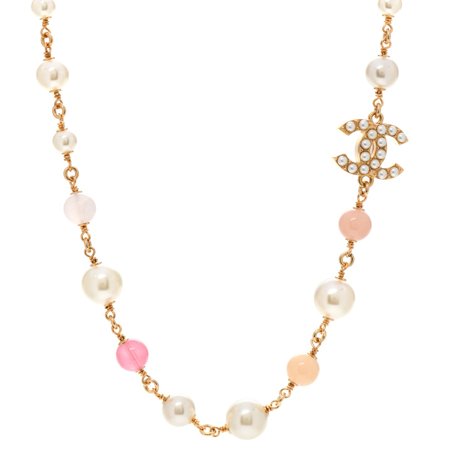 Chanel Pearl Bead CC Neckace Gold Pink 1 of 5
