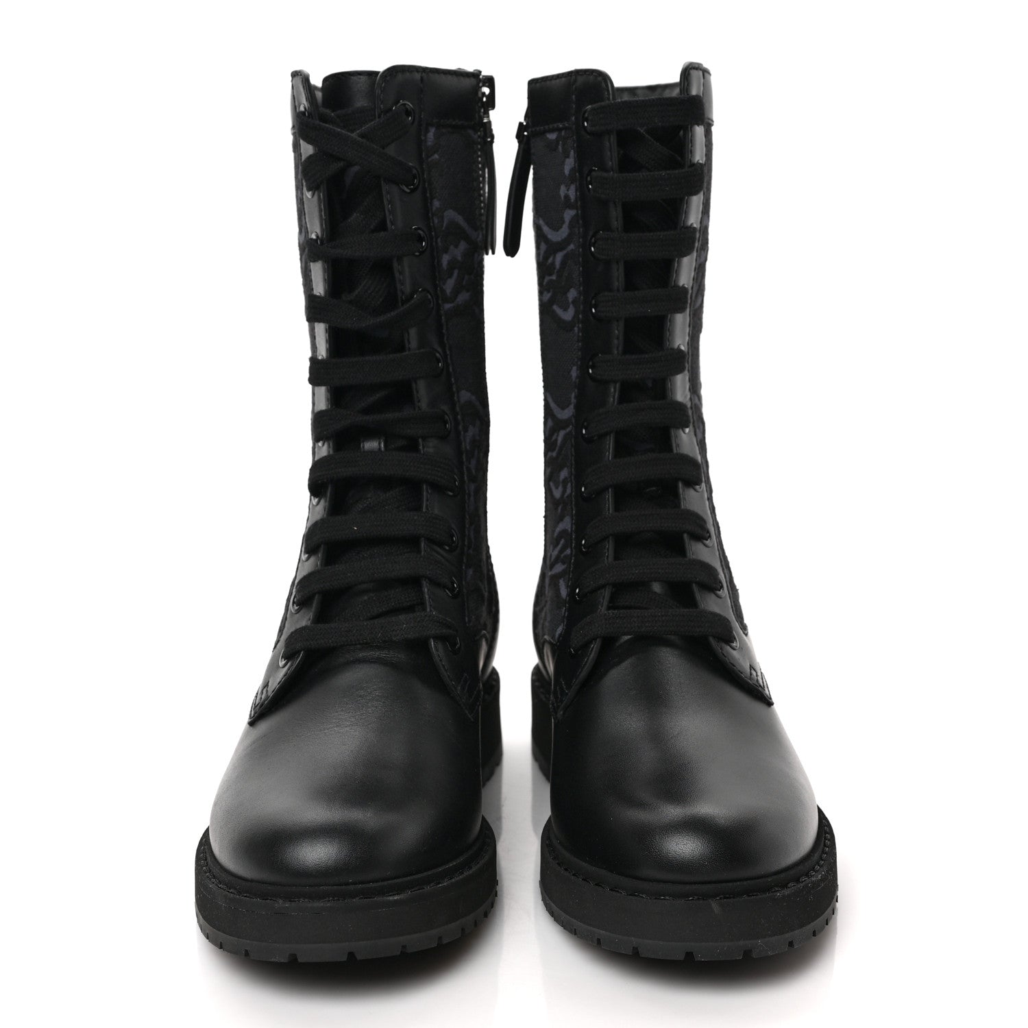 Fendi Vitello Fabric Jacquard Karligraphy Embroidered Womens Combat Boots 38 Black 2 of 7