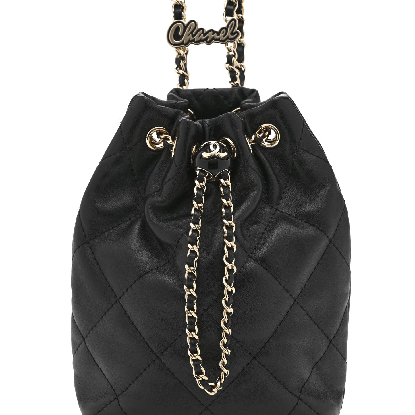 Shiny Lambskin Quilted Drawstring Backpack Black
