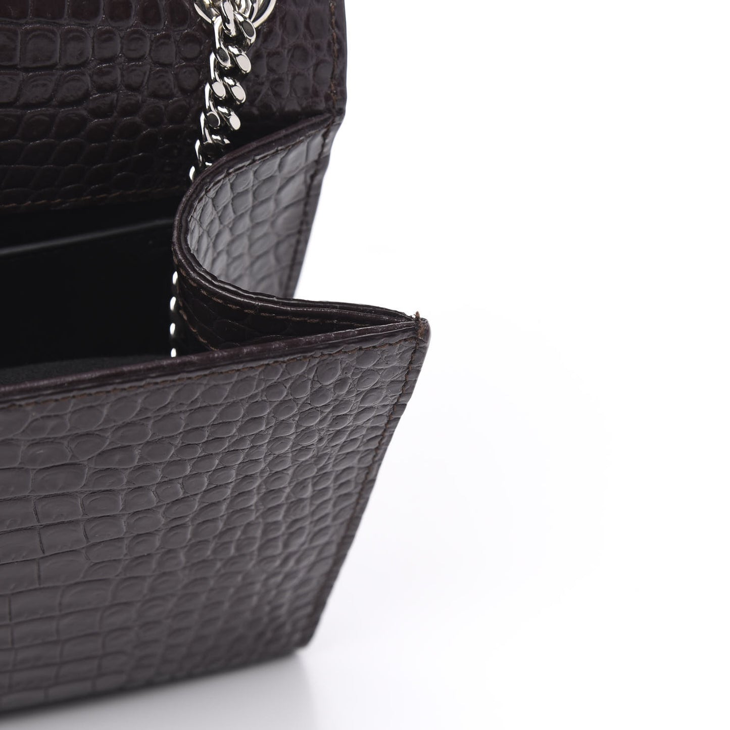 Calfskin Crocodile Embossed Medium Classic Monogram Kate Tassel Satchel Dark Brown