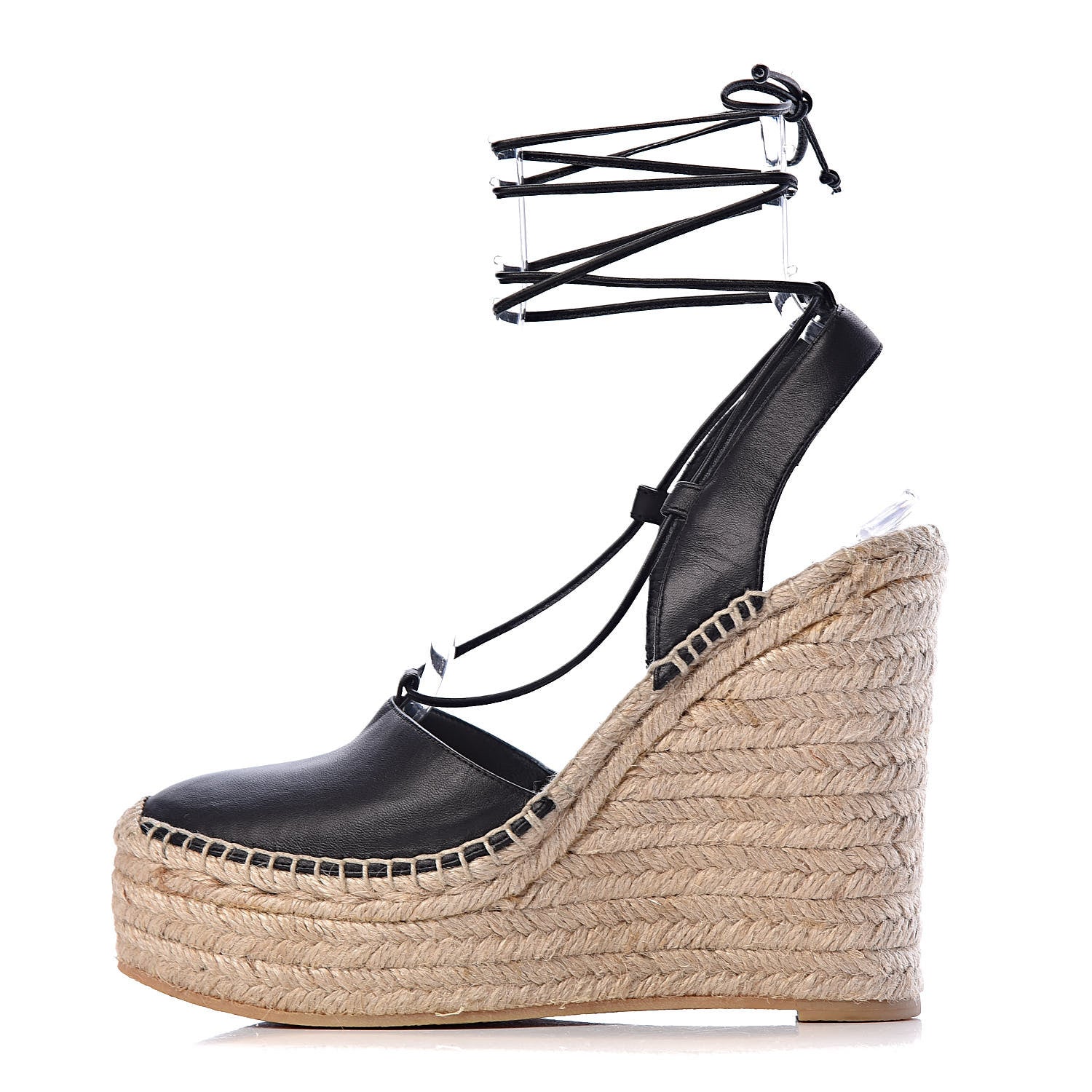 Saint Laurent Calfskin Espadrille Lace-Up Wedges 40.5 Black 1 of 10