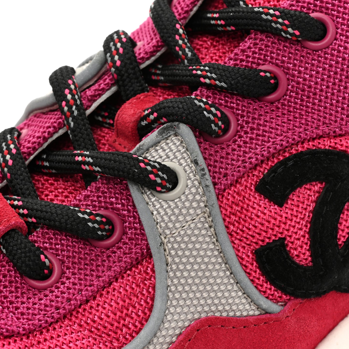 Mesh Suede Calfskin Grained Calfskin Womens CC Sneakers 37.5 Dark Pink Silver