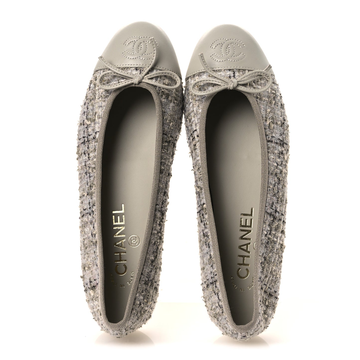 Wool Cotton Tweed Lambskin Cap Toe Ballerina Flats 37 Gray Black Gold