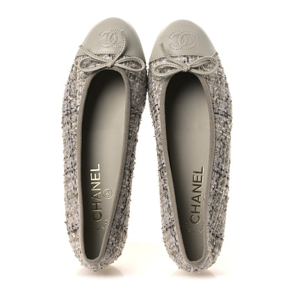Chanel Wool Cotton Tweed Lambskin Cap Toe Ballerina Flats 37 Gray Black Gold 2 of 11