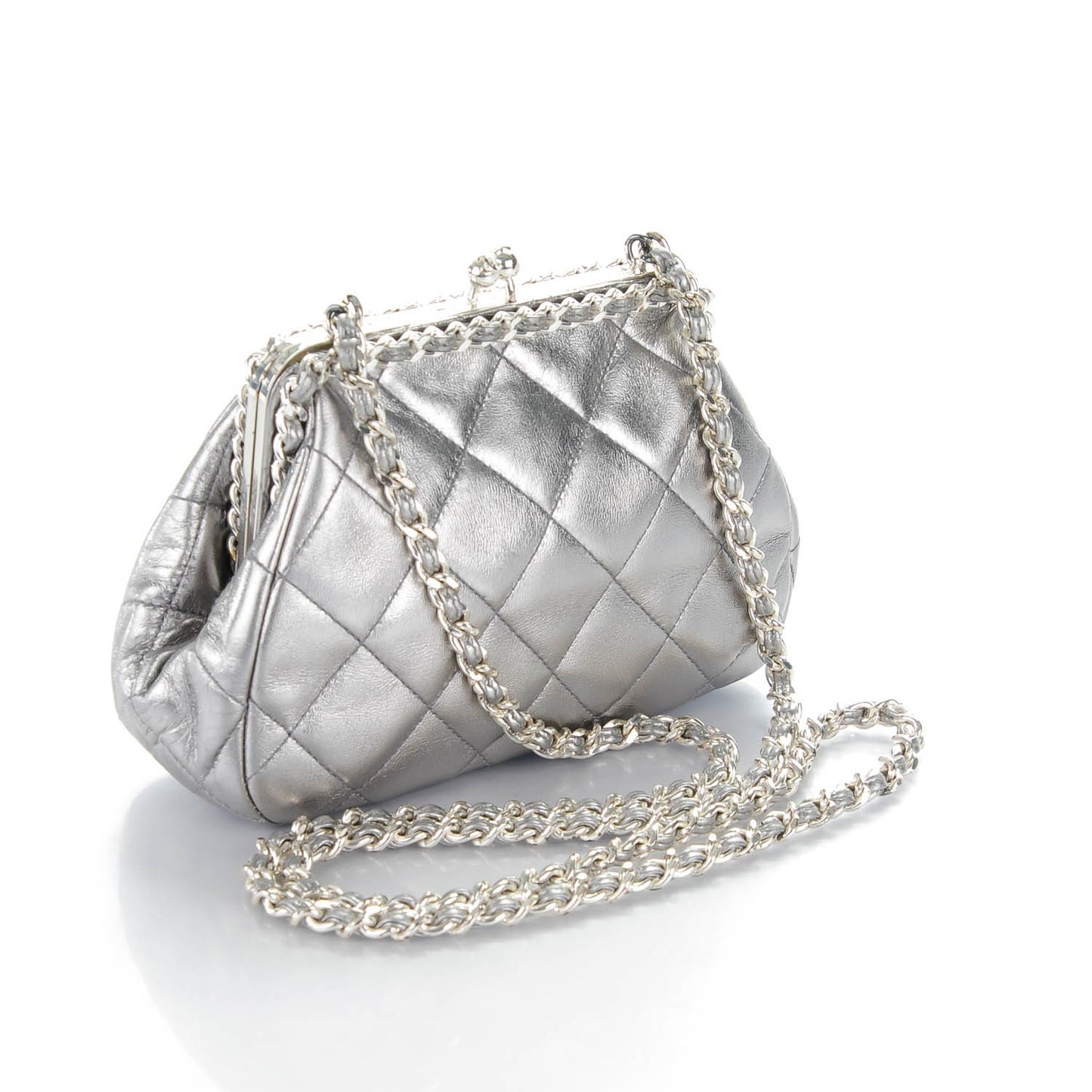 Metallic Lambskin Quilted Mini Kisslock Evening Bag Silver