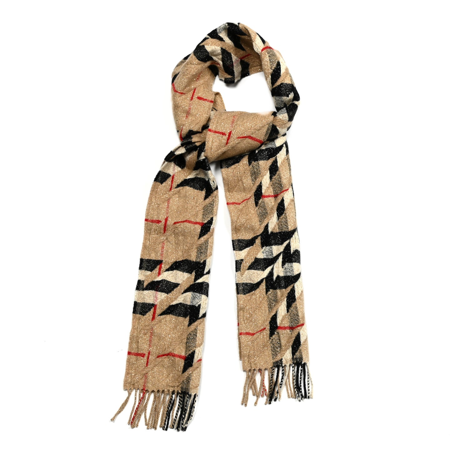 Metallic Cashmere Giant Check Fringe Scarf Camel