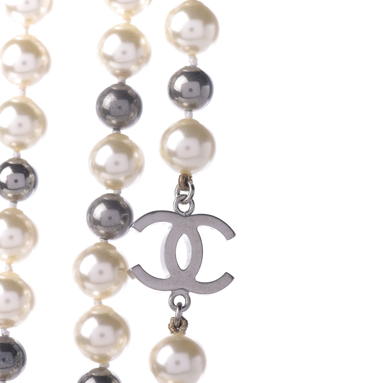 Chanel Pearl CC Long Necklace Silver Pearly White Grey 4 of 8