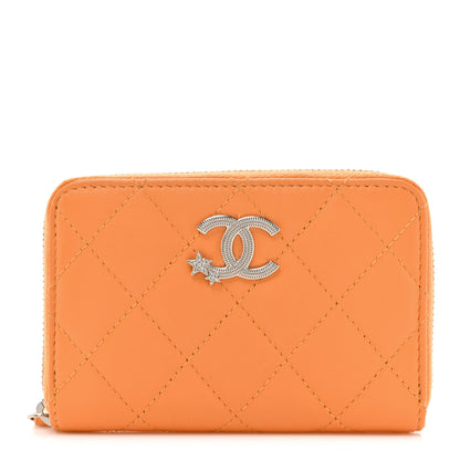 Chanel Lambskin Crystal Star Quilted Studded CC Zip Around Card Holder Wallet Orange 1 of 7