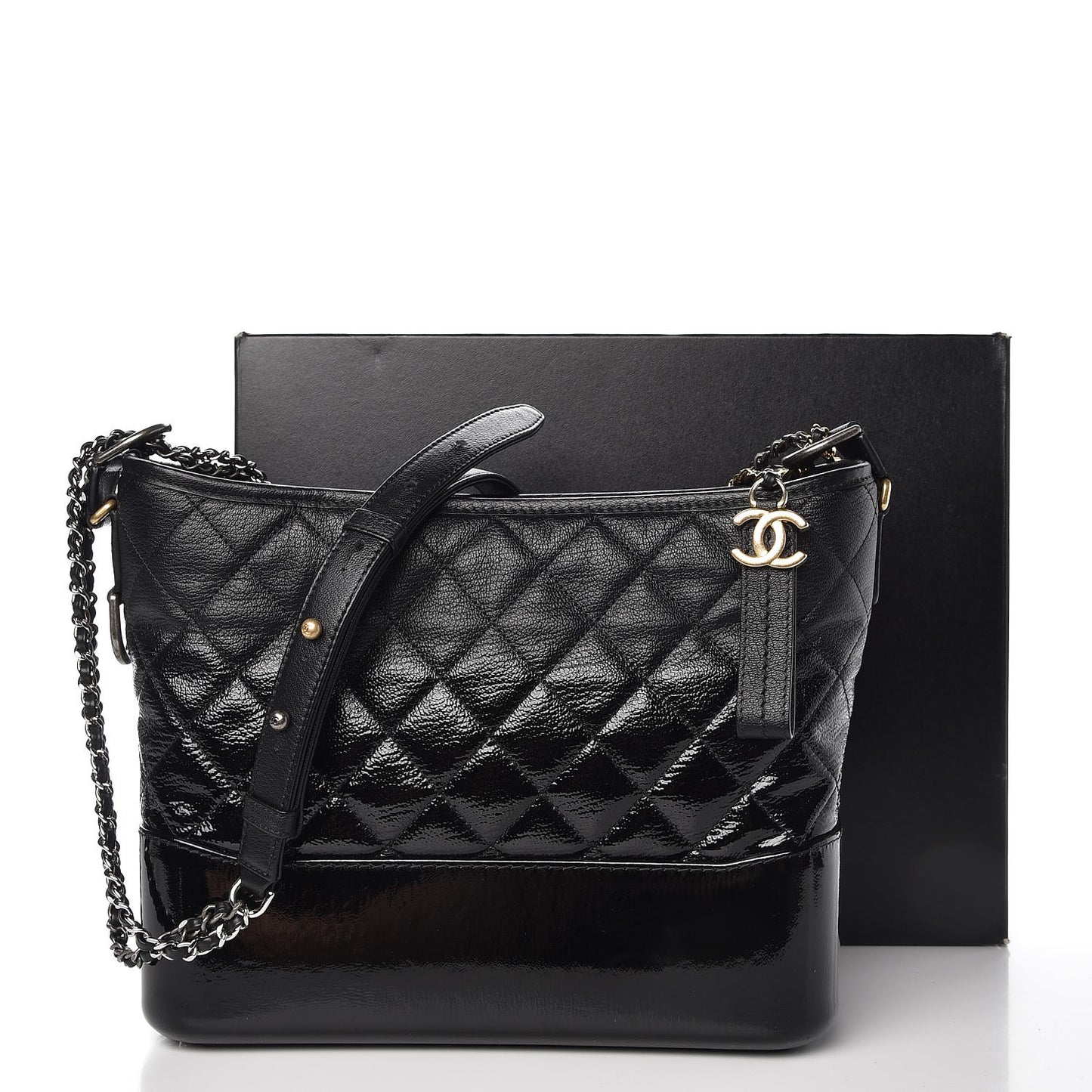 Patent Goatskin Quilted Medium Gabrielle Hobo Black